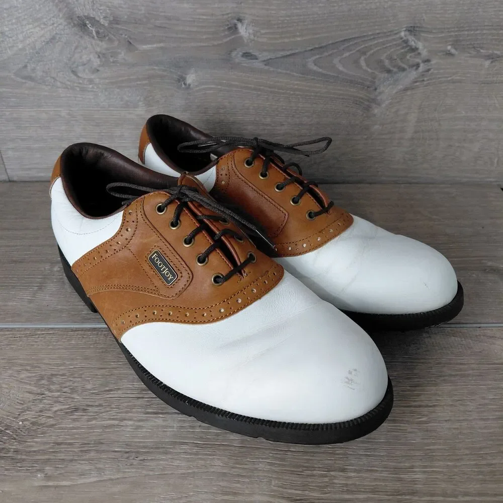 Footjoy Dryjoy Golf Shoes Men 9 White Brown Leather Saddle Waterproof Soft Spike